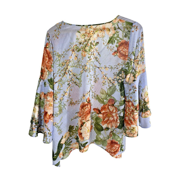 Chenault Blouse Top Light Blue Romantic Rose Floral Bell Sleeve Cottage Large - Picture 6 of 12